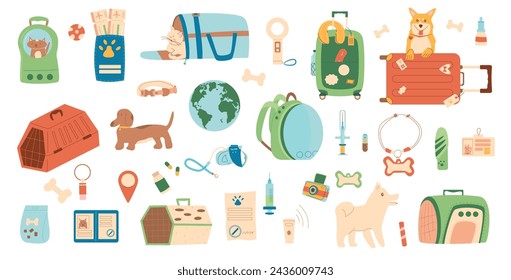 Travel with pets set. Tourism supplies and accessories for domestic animals elements isolated on white background. Pets carrier, collar, passport and id tag. Trip with cats and dogs. Vector flat.