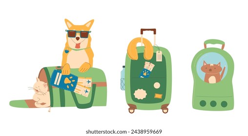 Travel with pets set. Trip with cats and dogs. Suitcase transportation box and backpack carrier, passport with tickets and domestic animals. Vector illustration.