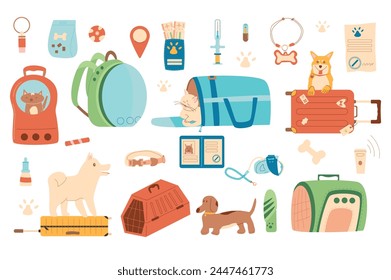 Travel with pets set. Trip with cats and dogs. Tourism supplies and accessories for domestic animals elements isolated on white background. Carrier, collar, passport and id tag. Vector illustration.