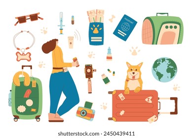 Travel with pets set. Woman with her dog and supplies and accessories for domestic animals isolated on white background. Vector pets carrier, luggage passport with tickets and id tag.