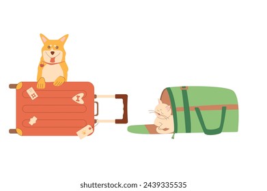 Travel with pets. Trip with cats and dogs. Suitcase, transportation box carrier and domestic animals. Vector flat illustration.