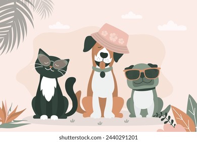 Travel pets, vacation, summer time. Relax dogs and cat on the sand beach. Happy animals with hat and glasses on exotic island. flat vector illustration