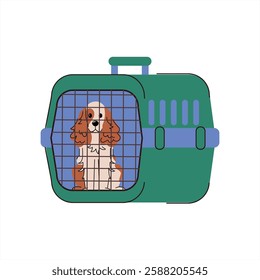 Travel with Pets Vector Illustration American Cocker Spaniel with Pet Carrier, Airplane Pet Travel, Minimalist Flat Design. Vector illustration