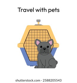 Travel with Pets Vector Illustration French Bulldog with Pet Carrier, Airplane Pet Travel, Minimalist Flat Design. Vector illustration