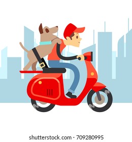 Travel with pets - young man on moto with dog and city landscape. Boy with dog on moped ride, vector illustration