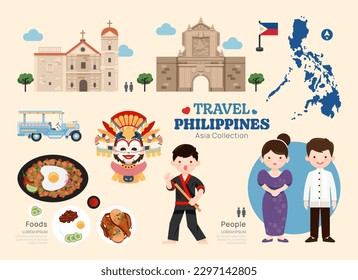 Travel Philippine flat icons set. Filipino element icon map and landmarks symbols and objects collection. Vector Illustration