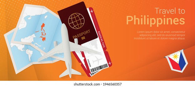 Reisen Sie auf den Philippinen Pop-under-Banner. Reisebanner mit Pass, Tickets, Flugzeug, Bordkarte, Karte und Flagge der Philippinen. Vektorvorlage.