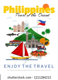 Travel to philippines poster with national flag and landmarks historical buildings traditional food and transportation vector illustration