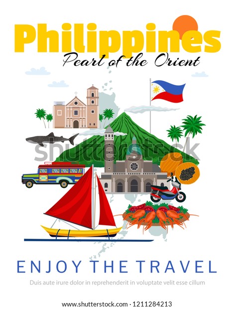 フィリピンの国旗と歴史的建造物のポスターと 伝統的な食べ物や交通のベクターイラストを使った旅行 のベクター画像素材 ロイヤリティフリー