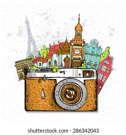 Travel photo background with retro camera and landmarks cards vector illustration