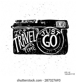 Travel photo background with retro camera and landmarks cards vector illustration