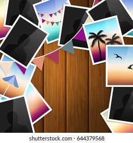 Travel photo collage on wooden background. Bunting flags. Vector.