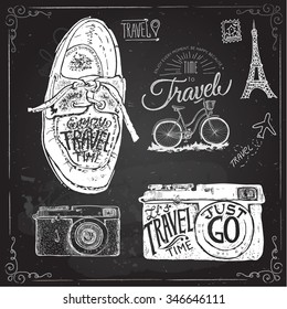 Travel photo label with retro camera and landmarks cards vector illustration