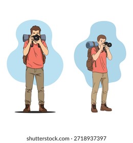 Travel photographer with camera and backpack ready for adventure trip