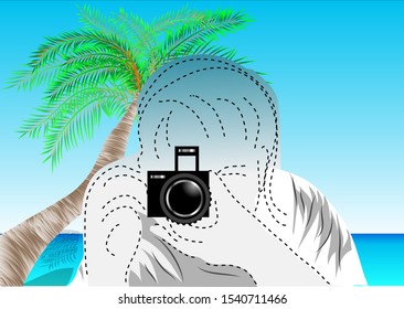 travel photographer on a sea bich with palm