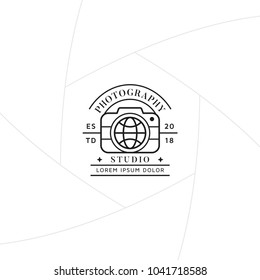 Travel photography badge or label design, Logo for studio and travel photographer or videographer with camera and globe symbol. Photography logo template