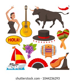 Travel pictures of spain cultural objects. Cartoon style illustrations isolate. Vector spanish culture tourism, object guitar wine and food