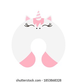 Travel pillow with cute unicorn face icon isolated on white background. Neck protection relaxation accessory with unicorn image. Snooze sign with animal print flat design cartoon vector illustration.