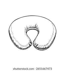 Travel pillow sketch drawing. Hand-drawn outline illustration of cushion, travel items, home textiles, bedding elements. Relaxation, sleep, rest, comfort and relax. Vector line art clipart