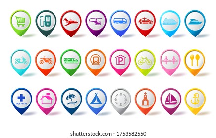 Juego de vectores de icono de pasador de viaje. Coloridos iconos de mapa de viajes pines de navegación con diferentes signos para los elementos de marcado y de destino de signos aislados en blanco. Ilustración vectorial.