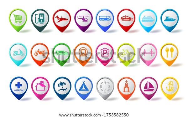 Travel pin icon vector set.\
Colorful travel map icons navigation pins with different sign for\
marker and sign destination elements isolated in white. Vector\
illustration.