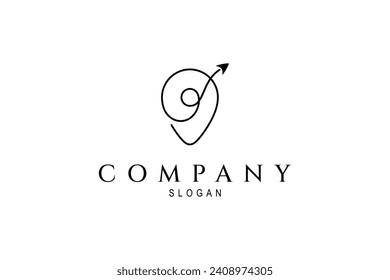 Travel pin logo with arrow in outline linear template design style