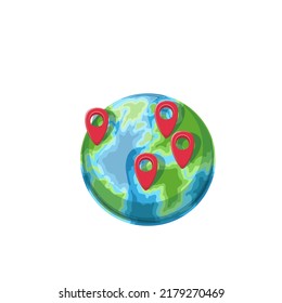 Travel pins on globe with world map vector illustration. Cartoon global worldwide trip around planet Earth, isolated geo markers with GPS location on continent of Africa, Asia, Europe and America