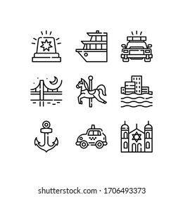 Travel places emoticons icons set line - vector