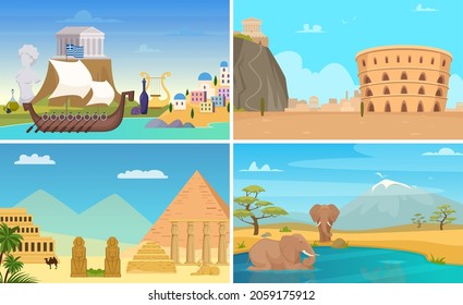 Travel places landscapes. Italy Greece Egypt and Safari in Africa. World tourism reopen vector banners