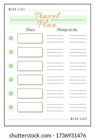 Travel plan minimalist planner page design. Schedule trip. Write place to visit. Choose destination for journey. Wish list bullet journal printable sheet. Personal organizer. Notebook vector template