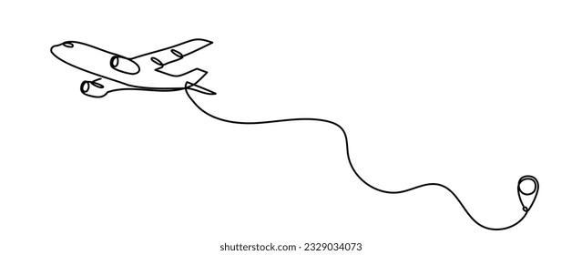 Travel plane, airplane continuous line outline vector art illustration. Airplane flight trip sketch icon doodle illustration. Take Flight Continuous Line Art: Discover Essence of Travel and Adventure