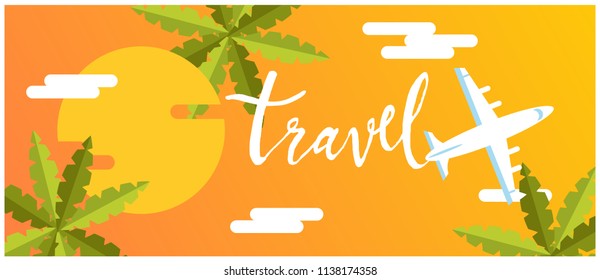 Travel Plane Coconut Tree Sunset Background Vector Image
