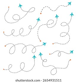 Travel Plane Line Patch Location Icon. Flight Airplane Route Trip for Map. Vector Doodle Illustration