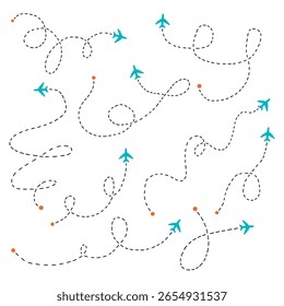 Travel Plane Line Trail Patch Icon. Flight Airplane Route Trip for Map. Vector Doodle Illustration