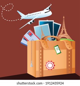 travel plane suitcase with tickets and photos vacations tourism vector illustration