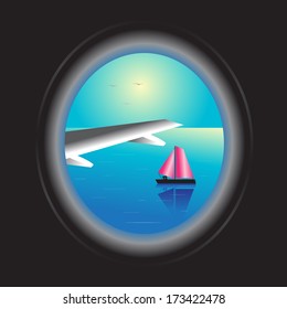 Travel. Plane view from the window on the ship with a married couple and on the sky with birds, on a black background.