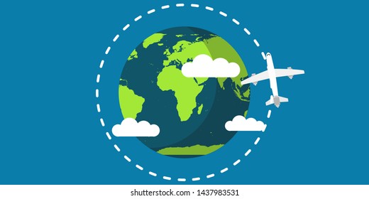 Travel plane world earth vector illustration map concept. Fly around globe planet vacation trip direction network international continent aviation