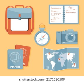 Travel planing items. Collection of things for hiking. Luggage, map, backpack, passports and notepad. Leisure, vacation and trip. Cartoon flat vector illustrations isolated on yellow background