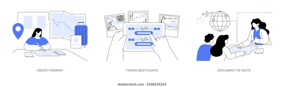 Travel planner isolated cartoon vector illustrations set. Create itinerary for holiday trip using map, finding best flights online, explaining the route to a customer, travel service vector cartoon.