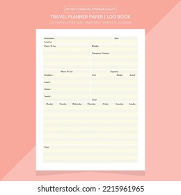 Travel Planner Log Book | Travel Planner Note Book | Travel Planner Printable Template