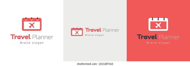 Conjunto de diseño del logotipo del planificador de viajes, símbolo de negocio de planificación de vacaciones, concepto del emblema del organizador del evento de vacaciones, agenda de vuelo libre, logotipo comercial editable, plan de viajes turísticos, marca de programación