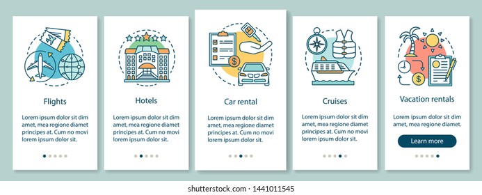 Travel planner onboarding mobile app page screen with linear concepts. Hotel, flight, cruise, vacation rentals walkthrough steps graphic instructions. UX, UI, GUI vector template with illustrations