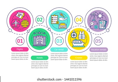 Plantilla infográfica vectorial del planificador de viajes. Vuelo, crucero. Elementos de diseño de presentación empresarial. Visualización de datos con cinco pasos. Diagrama de la escala de tiempo del proceso. Diseño de flujo de trabajo con iconos lineales