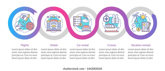 Travel planner vector infographic template. Vacation. Business presentation design elements. Data visualization with five steps and options. Process timeline chart. Workflow layout with linear icons
