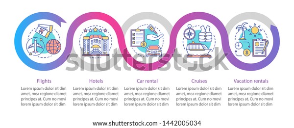 Travel planner vector infographic template.\
Vacation. Business presentation design elements. Data visualization\
with five steps and options. Process timeline chart. Workflow\
layout with linear\
icons