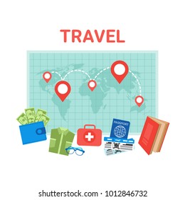 Travel Planning Background Pointers On World Map Baggage Items Icons Flat Vector Illustration
