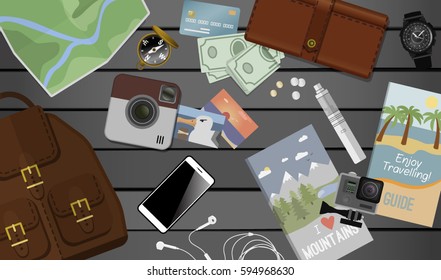 Travel planning banner. Top view with gray table, photo camera, smartphone, credit card, money, map and backpack. Flat design. Vector illustration with clipping mask.