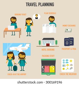 Travel planning with booking ticket, schedule plan, hotel booking, money exchange, passport and visa, check weather, packing stuff vector. illustration EPS10
