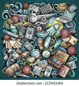 Travel planning cartoon vector doodles illustration. Traveling poster design. New reality elements and objects background. Bright colors funny picture.