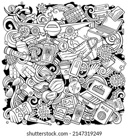 Travel planning cartoon vector doodles illustration. Traveling poster design. New reality elements and objects background.